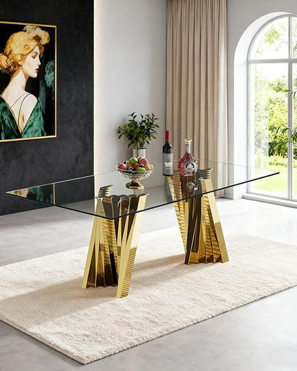 70" Glass Dining Table for 6, Modern Tempered Glass Kitchen Table, Rectangular Dining Room Table with Gold Stainless Steel Base Dinner Tables for Kitchen Home Office