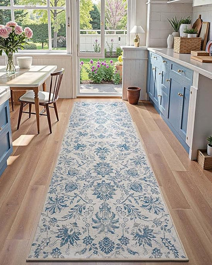 jinchan Torino Runner Rugs 3x8, Vintage-Inspired Floral Design Machine Washable Non-Slip Ultra-Thin Low-Pile Rubber Backing Traditional Rug for Kitchen Hallway Laundry Room Entryway Dark Blue