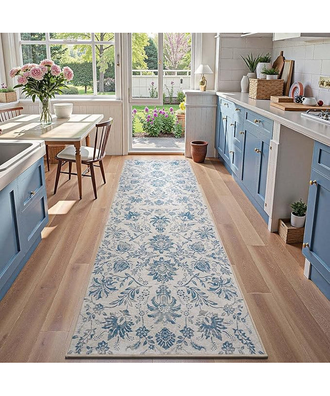 jinchan Torino Runner Rugs 3x8, Vintage-Inspired Floral Design Machine Washable Non-Slip Ultra-Thin Low-Pile Rubber Backing Traditional Rug for Kitchen Hallway Laundry Room Entryway Dark Blue