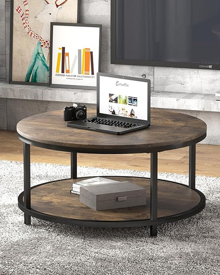 NSdirect 36 inches Round Coffee Table, Rustic Wooden Surface Top & Sturdy Metal Legs Industrial Sofa Table for Living Room Modern Design Home Furniture with Storage Open Shelf (Brown)