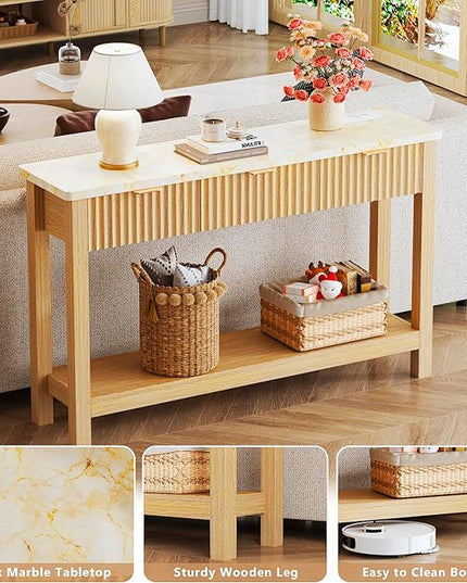 47.2" Fluted Console Table with 3 Drawers, Long Sofa Table with Storage Behind Couch, Modern Entryway Table with Power Outlet & Open Storage for Entrance/Hallway/Foyer/Living Room, Oak