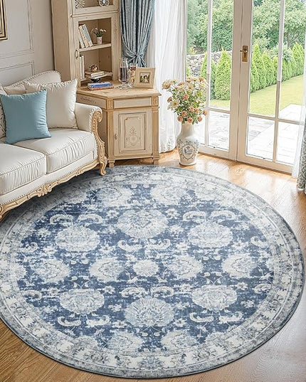 jinchan Fiora Round Rug 8ft Area Rug - Dark Blue Vintage Floor Mat Indoor Ultra-Thin Soft Floral Print - Washable Circle 8' Retro Accent for Farmhouse Non Slip Dining Room Living Room Bedroom Office