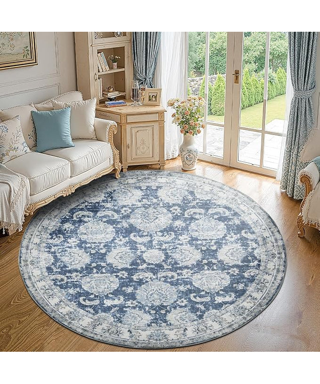 jinchan Fiora Round Rug 8ft Area Rug - Dark Blue Vintage Floor Mat Indoor Ultra-Thin Soft Floral Print - Washable Circle 8' Retro Accent for Farmhouse Non Slip Dining Room Living Room Bedroom Office