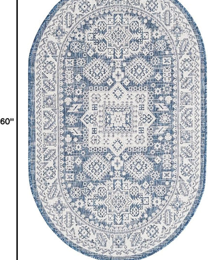 Rugs.com Outdoor Aztec Collection Rug – 3' x 5' Oval Blue Flatweave Rug Perfect for Living Rooms, Large Dining Rooms, Open Floorplans