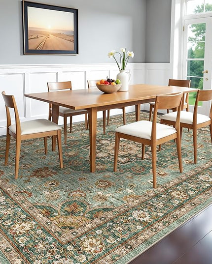 Washable Oriental Area Rug - 7x10 Rugs for Living Room Soft Carpet for Bedroom Waterproof Floral Distressed Indoor Stain Resistant Non-Shedding Floor Carpets (Green, 7x10)