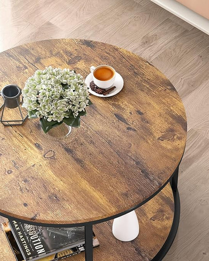 NSdirect Round Coffee Table, 25.6" Small Coffee Table for Living Room,2-Tier Rustic Wood Desktop with Storage Shelf Modern Design Home Furniture(Brown)