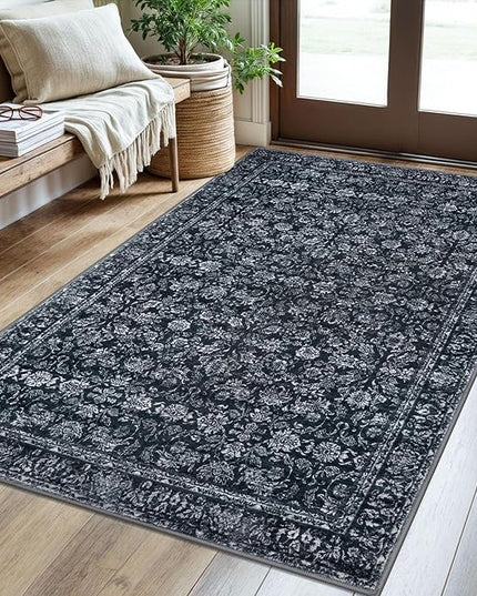3x5 Entryway Area Rug Black Washable Soft Distressed Floral Rugs, Non-Slip Low-Pile Vintage Neutral Carpet for Entryway Nursery Bedroom Dining Dorm Living Room