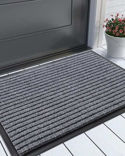 Yimobra Front Door Mat Outdoor Indoor Entrance, 100% Waterproof All-Season All Weather Doormat, Welcome Matt Outside Entry, Non Slip, Low Profile, Heavy Duty Patio Porch Floor Mat,29.5x17, Gray White
