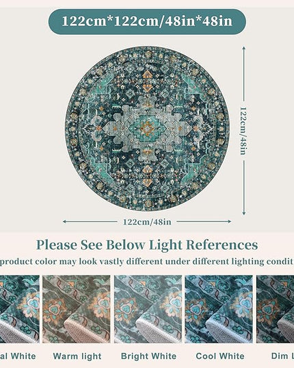 Ciicool Washable Area Rug Round 4’x4’ Teal Boho Bedroom Non-Slip Oriental Entry Throw Low-Pile Indoor Floor Carpet for Living Room Laundry Foyer Decor (Teal/Multi)