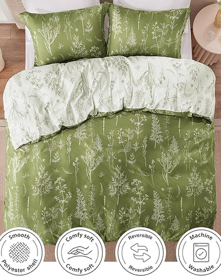 Love's cabin Olive Green Full Comforter Set - Full Size Comforter Set, 3 Pieces Cute Floral Bedding Sets for All Seasons,1 Soft Reversible Botanical Flowers Comforter and 2 Pillow Shams