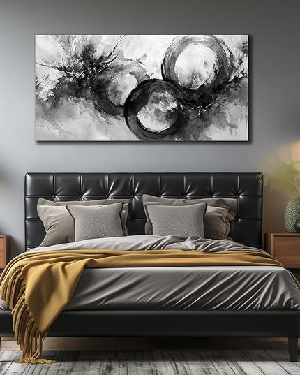 JuhaiArt White Wall Decor Art for Living Room Office Abstract Canvas Wall Art Black Circle Picture Art 29" x 59" Large Modern Poster Artwork