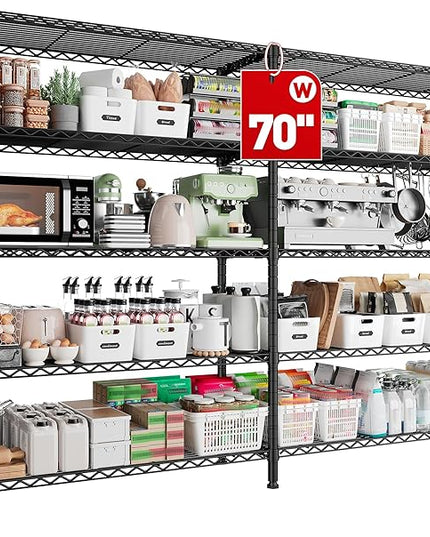 REIBII 70" W Storage Shelves Load 1600LBS,Metal Shelving 5-Tier Wire Shelving Unit Garage Shelving for Storage Adjustable Metal Shelves for Pantry Kitchen Garage Commercial, 70" W*15.8" D*72.4" H