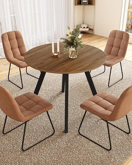 34.6'' Round Dining Table and Chairs for 4 Space Saving for Apartment Kitchen Dining Room (Walnut Table+4 U-Shaped Brown Chairs)