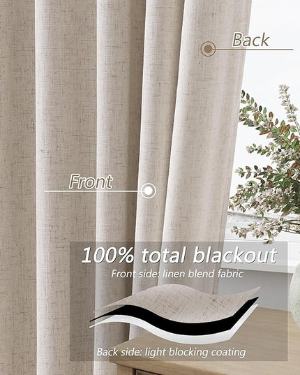 Guken Linen Blackout Curtains 84 Inch Length 2 Panels Set for Living Room Bedroom Back Tab Thermal Insulated 100% Black Out Linen Drapes Room Darkening Window Curtains 84 Inches Long, Sand Beige