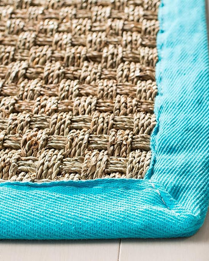 SAFAVIEH Area Rug 4x6 - Natural Fiber Collection - Natural & Turquoise, Seagrass, Basketweave Pattern with Border (NF114S)