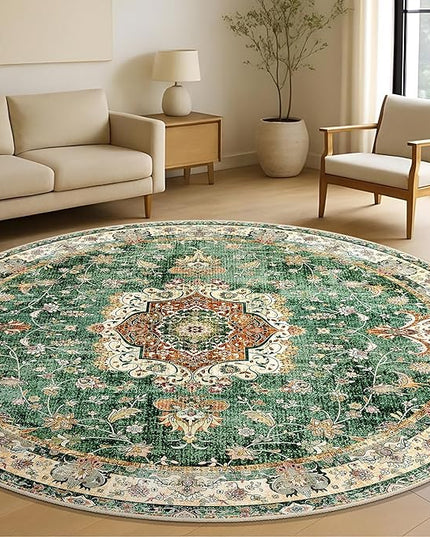 Green Round Rug 6ft,Large Circle Area Rugs for Living Room Bedroom Dining Room,Washable Boho Vintage Bohemian Distressed Oriental Floral Carpet Non Slip,Retro Sage Floral