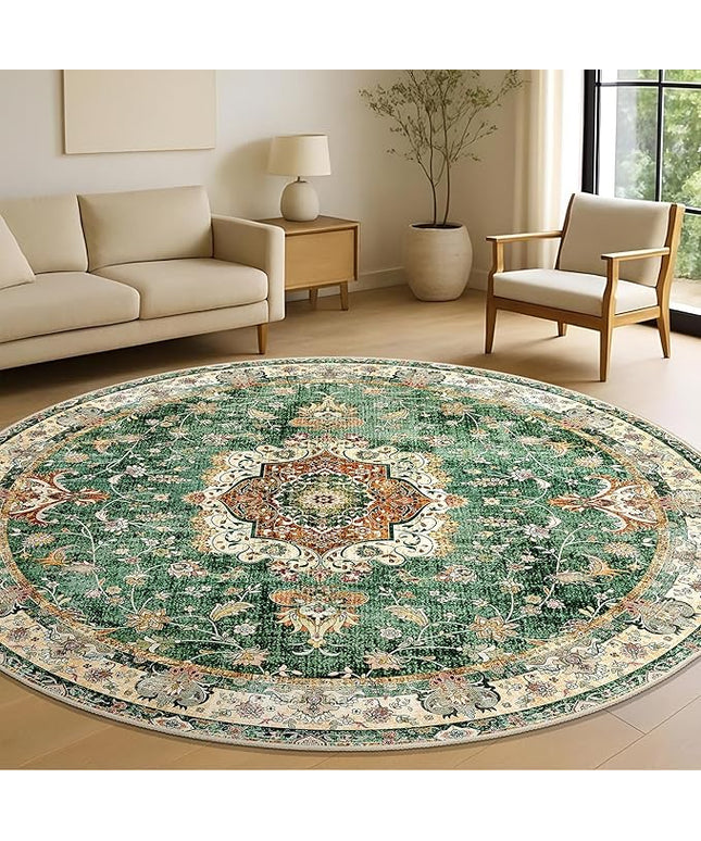 Green Round Rug 6ft,Large Circle Area Rugs for Living Room Bedroom Dining Room,Washable Boho Vintage Bohemian Distressed Oriental Floral Carpet Non Slip,Retro Sage Floral