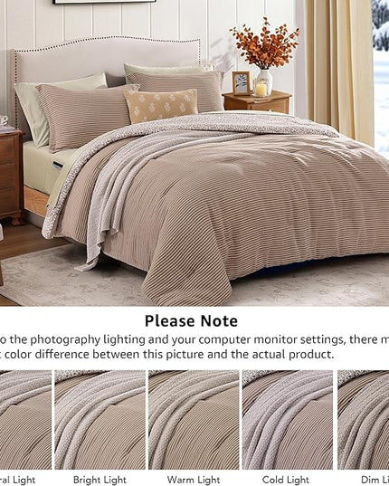 Full Comforter Set - 7 Pieces Dark Brown Gauze Muslin Bedding Sets for All Seasons, Lightweight Breathable Bed in a Bag Full with Revesible Farmhouse Comforter, Sheets, Pillowcases & Shams