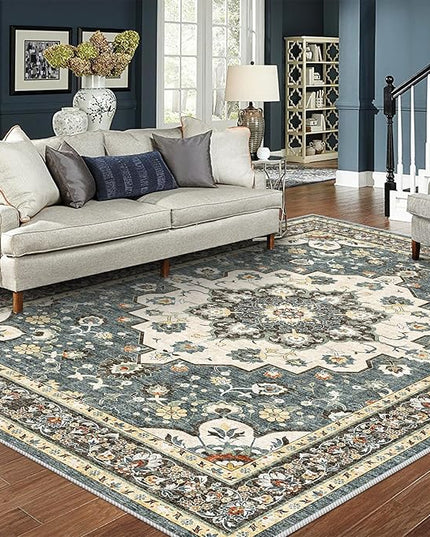 Washable Oriental Area Rug - 8x10 Rugs for Living Room Soft Carpet for Bedroom Waterproof Floral Distressed Indoor Stain Resistant Non-Shedding Floor Carpets (Blue, 8x10)