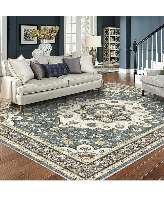 Washable Oriental Area Rug - 8x10 Rugs for Living Room Soft Carpet for Bedroom Waterproof Floral Distressed Indoor Stain Resistant Non-Shedding Floor Carpets (Blue, 8x10)