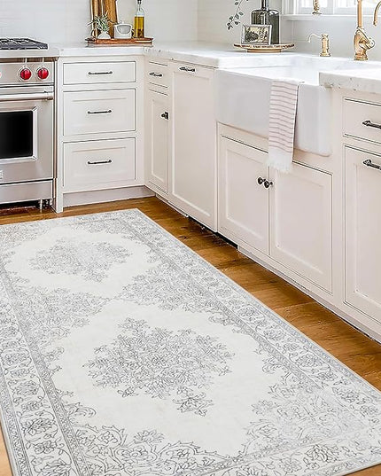 ReaLife Rugs Machine Washable Area Rug Runner - Living Room Bedroom Bathroom Kitchen Entryway Office - Padded Low Pile Stain Resistant Premium - Boho Farmhouse Vintage - Paige - Ivory 2'6" x 8'