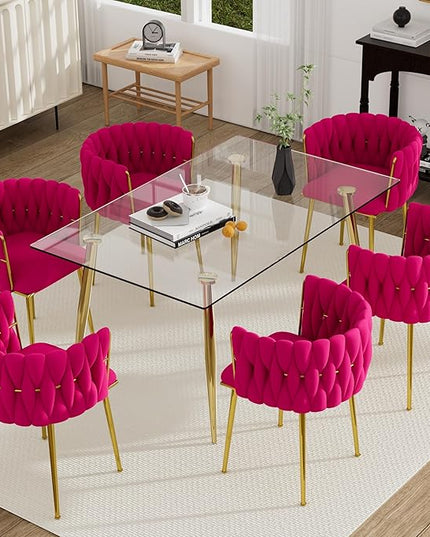 Modern Gold Glass Dining Table Set for 6, 51'' Clear Minimalist Glass Top Rectangular Dinner Table Set, 7 PCS Small Luxury Kitchen Table Set, Rose Red Woven Chair for Apartment Living Room