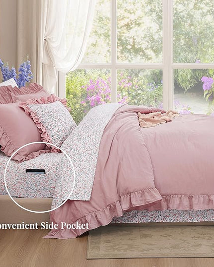 Twin XL Comforter Set - 5 Pieces Ruffle Soft Pink Bedding Sets, Shabby Chic Farmhouse Bed in a Bag Twin XL with Ruffle Comforter, Floral Sheets, Pillowcases & Shams