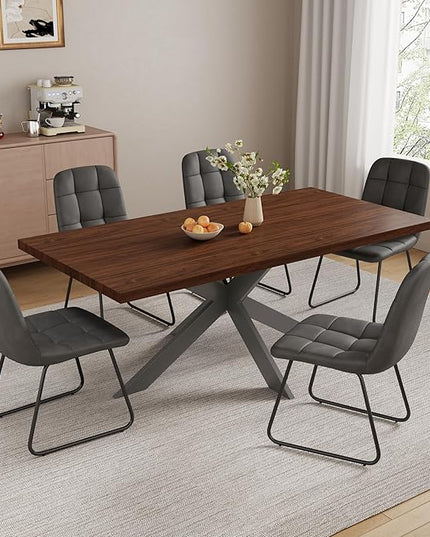 Extendable Dining Table Set for 6–8 People, Modern Walnut Rectangular Dining Table 63"-79" with 6 Leather Chairs, Space-Saving Expandable Kitchen Table Set with Sturdy Metal Frame for Dining Room
