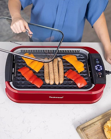 Indoor Smokeless Grill, Techwood 1500W Electric BBQ Grill with Temperature Control, Korean Grill Removable Non-Stick Grill & Griddle Plates, Tempered Glass Lid, Red