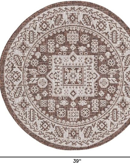 Rugs.com Outdoor Aztec Collection Rug – 3 Ft Round Brown Flatweave Rug Perfect for Kitchens, Dining Rooms