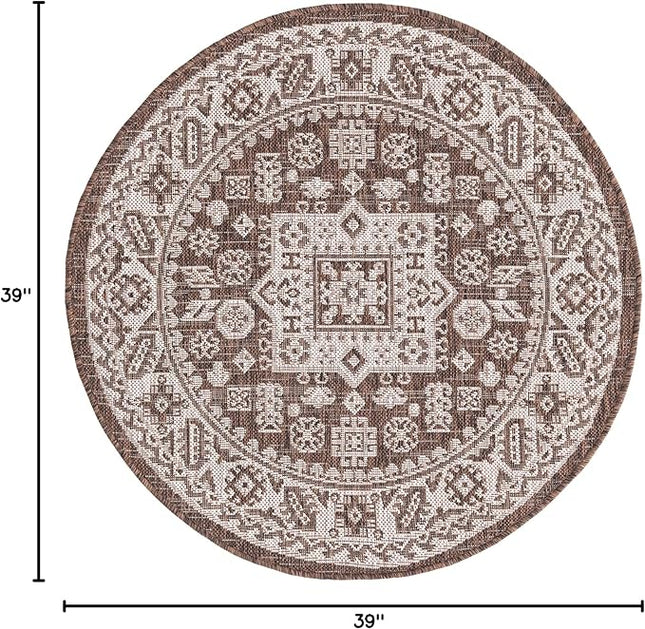 Rugs.com Outdoor Aztec Collection Rug – 3 Ft Round Brown Flatweave Rug Perfect for Kitchens, Dining Rooms