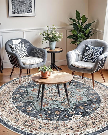 Washable Oriental Area Rug - 6ft Rugs for Living Room Soft Carpet for Bedroom Waterproof Floral Distressed Indoor Stain Resistant Non-Shedding Floor Carpets (Blue/Teal/Orange, 6ft-Round)