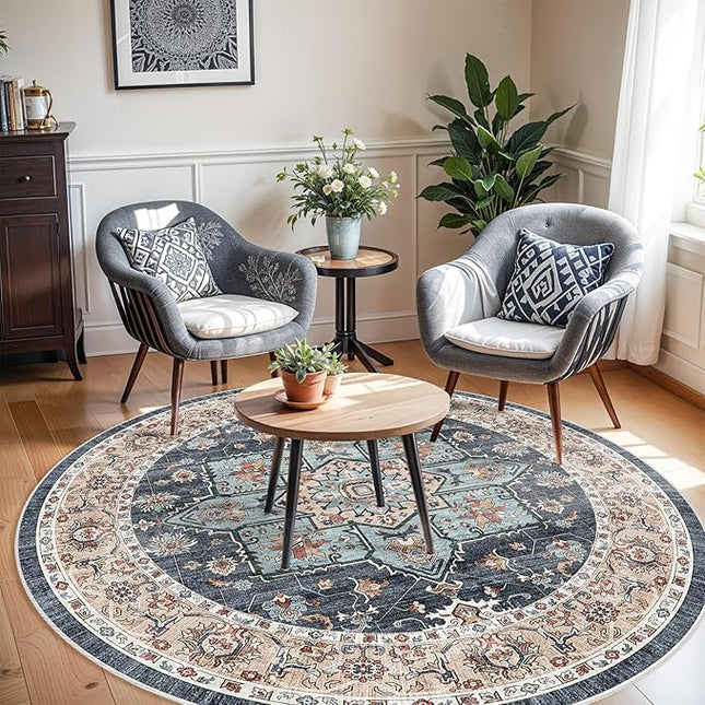 Washable Oriental Area Rug - 6ft Rugs for Living Room Soft Carpet for Bedroom Waterproof Floral Distressed Indoor Stain Resistant Non-Shedding Floor Carpets (Blue/Teal/Orange, 6ft-Round)
