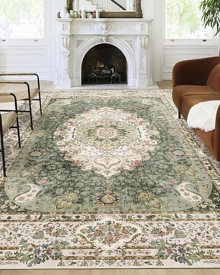 9x12 Area Rugs Washable,Green Rug for Living Room Bedroom Dining Room,Large Boho Vintage Bohemian Distressed Carpet Non Slip,Floral