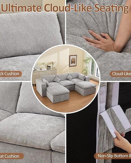 115'' Cloud Boneless Sectional Couch, Modular Sectional Sofa Deep Seat with 2 Ottomans, Oversized Upholstered Convertible Comfy 5 Seater Chenille Sofa U Shape Couches for Living Room, Light Grey
