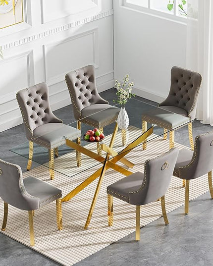 Rectangle Glass Dining Table Set for 6, 60'' Kitchen Table and Chairs Set, 7PCS Modern Dining Room Table Set with 6 Velvet Dining Chair for Home