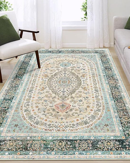Blue Rug 4x6.5,Washable Area Rugs for Bedroom Living Room Kitchen Entryway,Small Boho Vintage Bohemian Distressed Oriental Non Slip Carpet,Floral