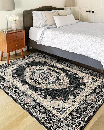 Black Rug 3x5,Washable Area Rugs for Bedroom Living Room Kitchen Entryway,Small Boho Vintage Bohemian Distressed Non Slip Carpet,Floral