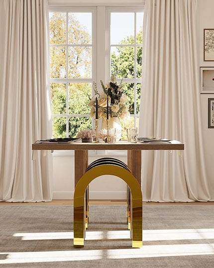 78 inch Rectangular Solid Wood Dining Table for 6-8, Luxury Farmhouse Rustic Dining Table with Light Brown Wood Top and UH-Shaped Mirrored Gold Pedestal, for Dining Room, Kitchen