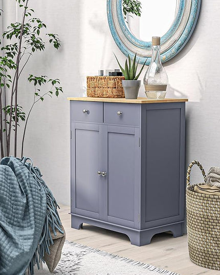 HOMCOM Sideboard with Solid Wood Countertop, Modern Kitchen Storage Cabinet, Coffee Bar Cabinet with 2 Drawers, Doors and Adjustable Shelf, Gray