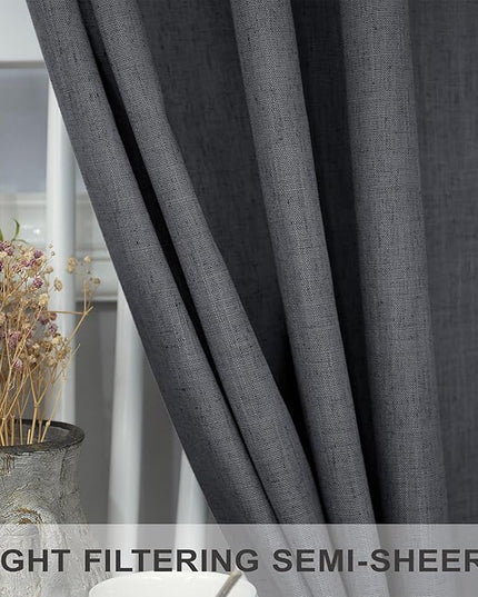 Dark Grey Curtains 84 Inch Length 2 Panels Set for Living Room Pleated Sheer Linen Light Filtering Modern Farmhouse Thick Privacy Floor Length Curtains Drapes 84 Inches Long for Bedroom Charcoal Gray