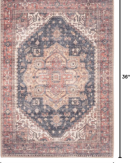 GLN Rugs Traditional Collection - Machine Washable Area Rug, Traditional Washable, Non Slip, Low Pile Chenille Rug, Living Room, Bedroom, Kitchen Rug (2'x3' Black/Terra)