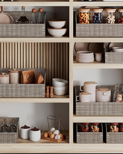Ollieroo Rattan Storage Baskets, Handwoven Wicker Storage Bins with Built-in Handles, Storage Container Baskets for Shelves, Bedroom, Bathroom, Laundry Room or Kitchen(Grey)