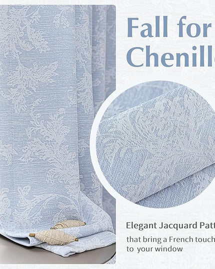 FMFUNCTEX Blue Floral Jacquard Blackout Curtains 96 Inches Long for Bedroom, Scroll Flower Chenille Farmhouse Curtains for Living Room Darkening Thermal Insulated Grommet Window Drapes 2 Panels