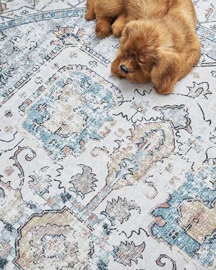 jinchan Round Rug 7ft Area Rug - Machine Washable 7'Circle Vintage Floral Non-Slip with Rubber Backing Ultra-Thin Low-Pile Carpet for Bedroom Living Room Dining Room Entryway (7'Round, Grey/Blue)
