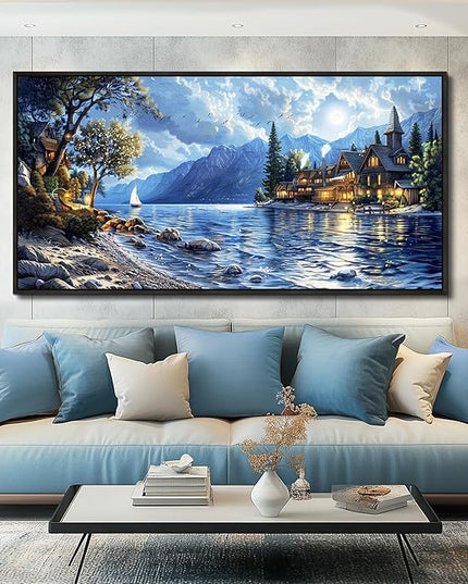 XIGUANGART Large Canvas Wall Art Blue Ocean Picture Mountain Wall Decor Lake Beside Countryside Coastal Framed Artwork for Living Room Bedroom Home Office Hotel Forest Scenery Painting Decoration