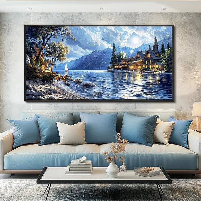 XIGUANGART Large Canvas Wall Art Blue Ocean Picture Mountain Wall Decor Lake Beside Countryside Coastal Framed Artwork for Living Room Bedroom Home Office Hotel Forest Scenery Painting Decoration