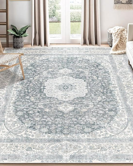 8x10 Area Rugs Washable,Grey Rug for Living Room Bedroom Dining Room,Large Boho Vintage Bohemian Distressed Carpet Non Slip,Floral