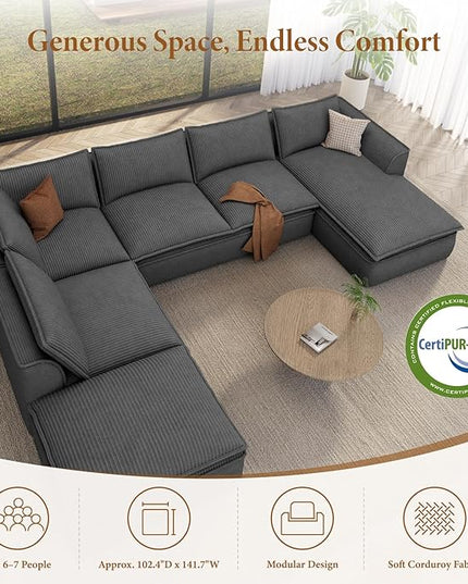 Vesgantti 141.7" Oversized Boneless Sectional Couch, Modern 7 Seater Modular Sofa with Chaise & Ottoman, Deep Seat Corduroy Cloud Couches for Living Room, No Assembly Required, Dark Gray