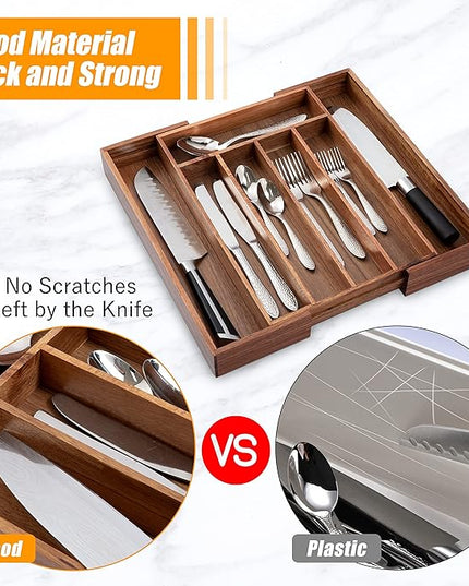 Bellsal Acacia Silverware Organizer Kitchen Drawer Organizer Expandable Bamboo Utensil Holder Cutlery Tray for Kitchen Utensil and Flatware Bedroom Office